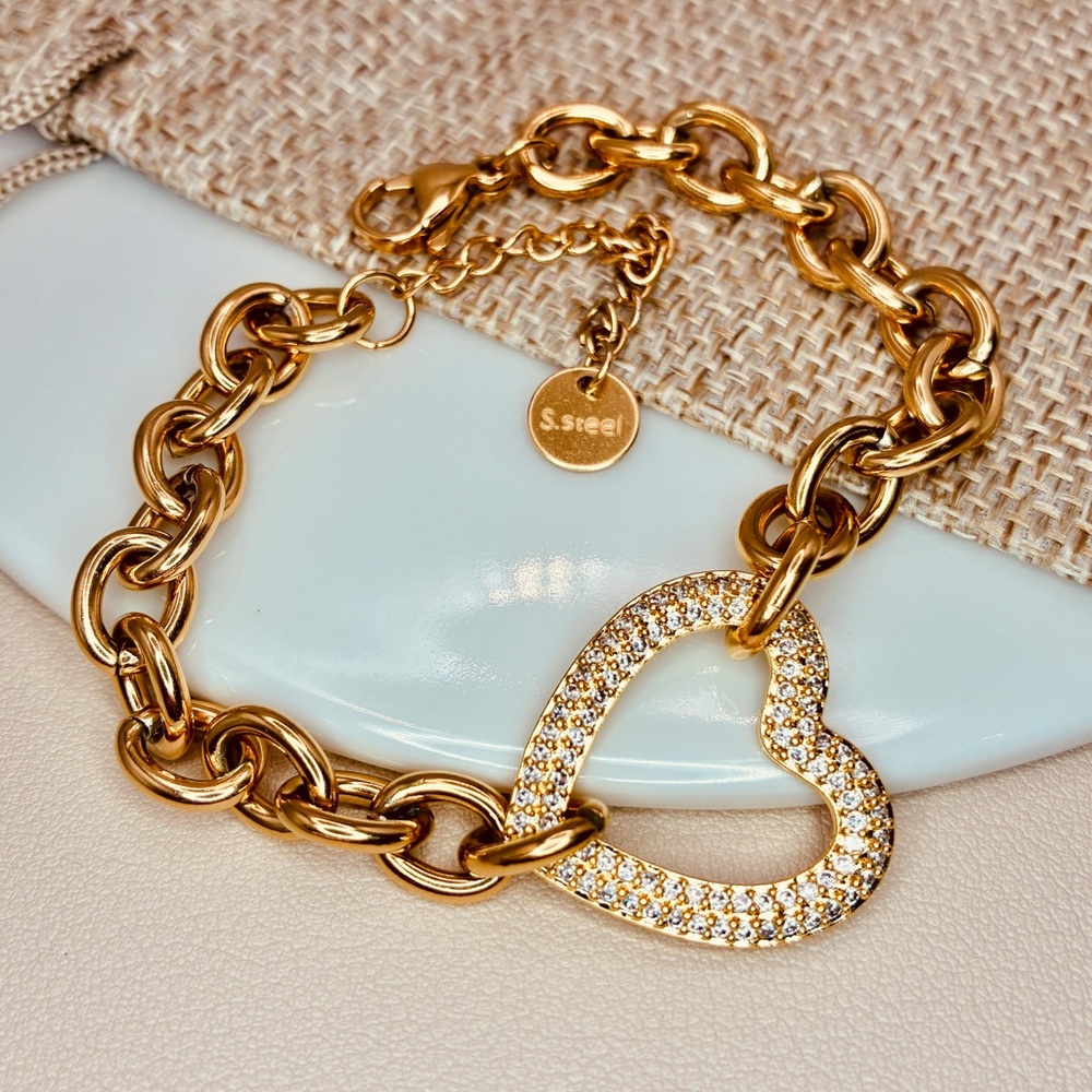 Gold CZ Pave Hollow Heart Rolo Link Chunky Statement Bracelet